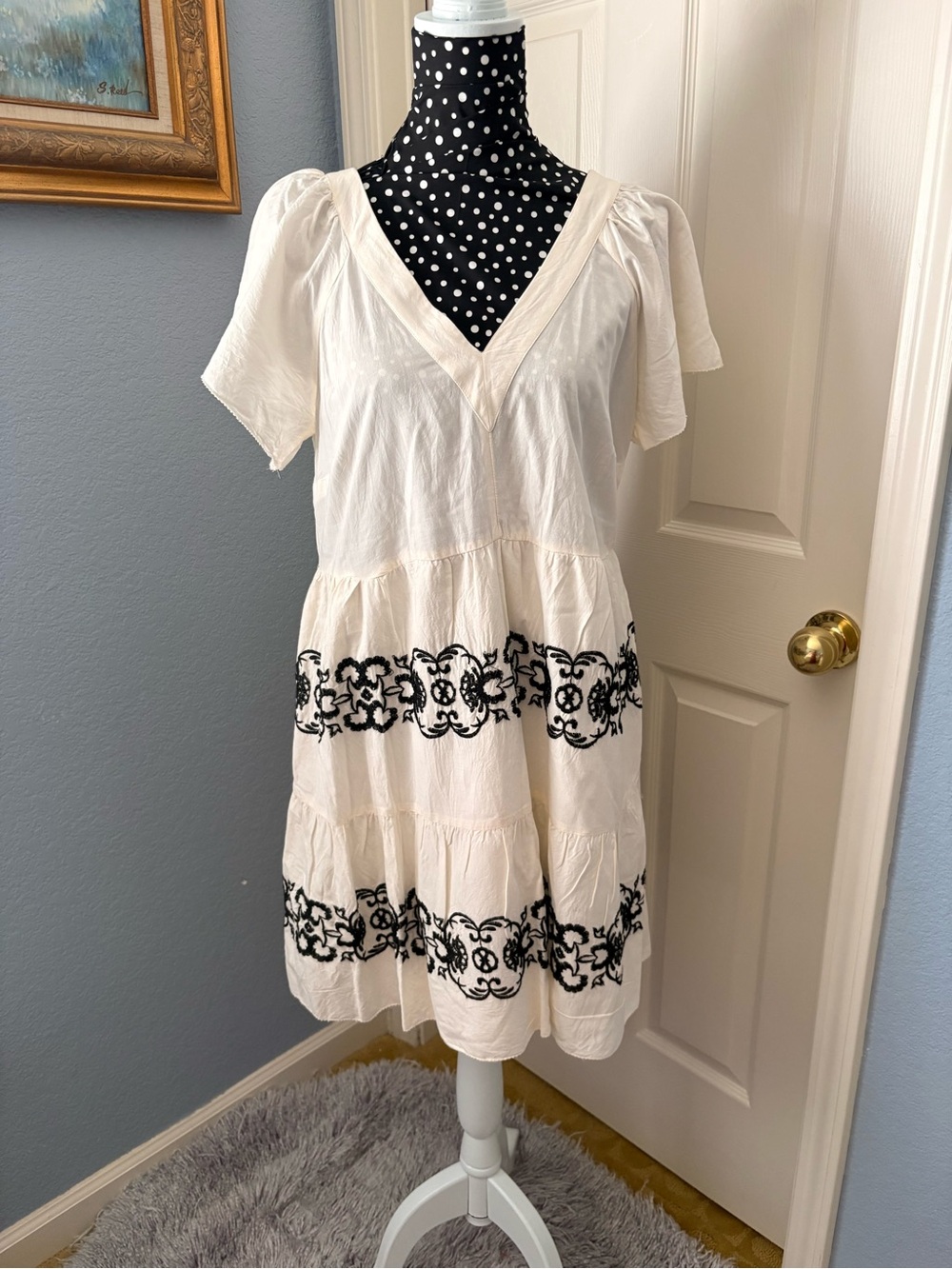 Old Navy White Mini Dress with Black Embroidered Bands